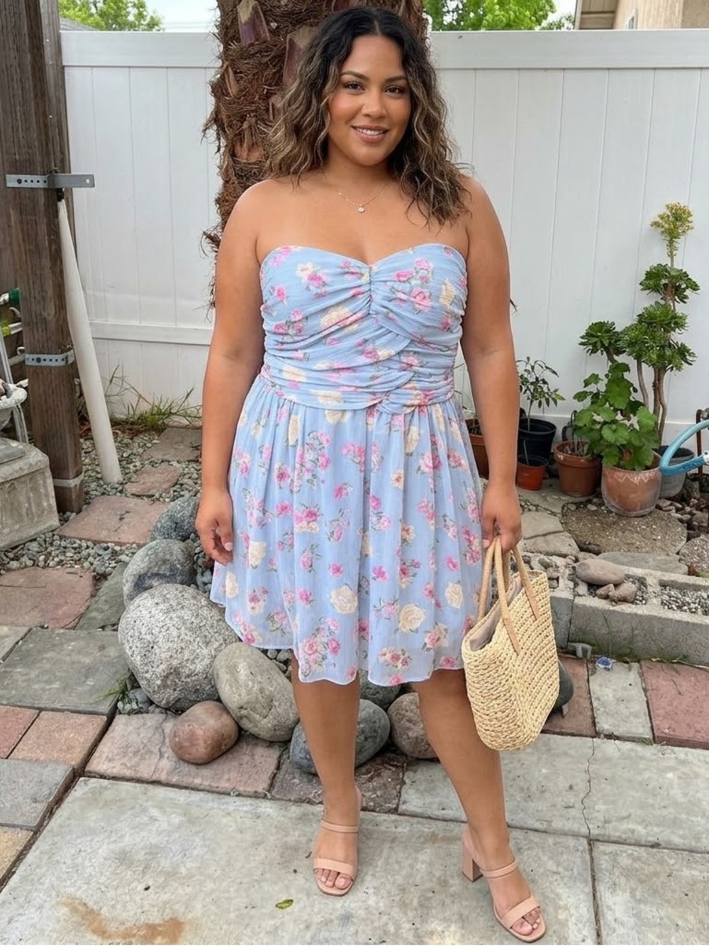 XL Light Blue Strapless Floral Sundress